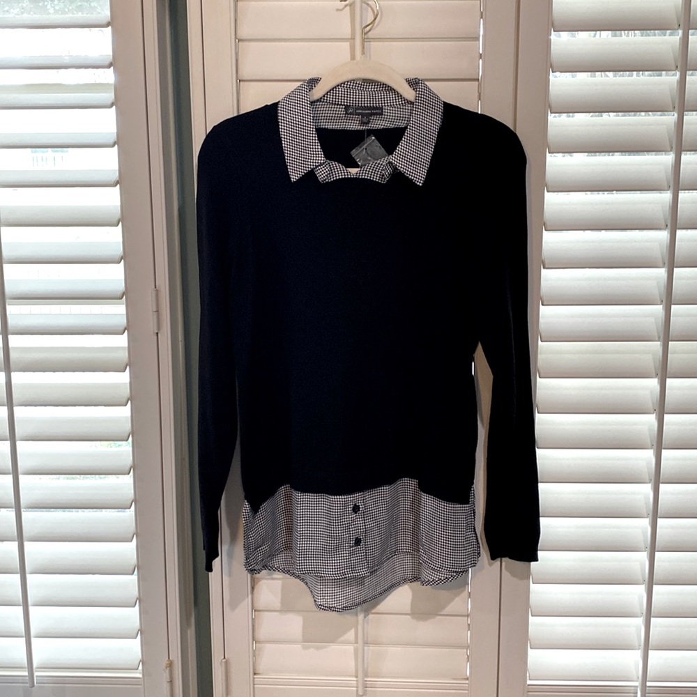 Adrianna Papell Black Sweater with Black and White Check